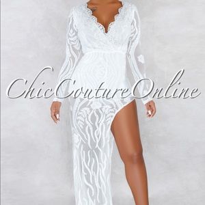 White Maxi Style Sequin High Slit Dress